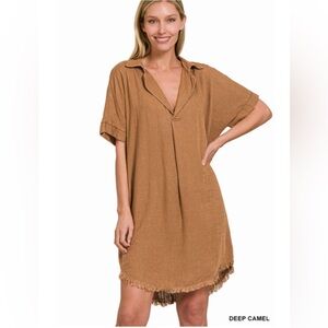 NWT ZENANA WASHED LINEN RAW EDGE V-NECK DRESS
